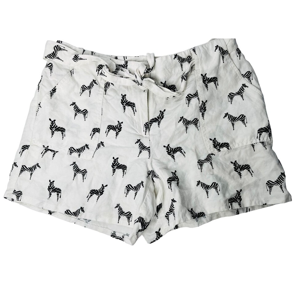 Loft Women's White Zebra Print Shorts Linen Blend Size 4 Zip Front
